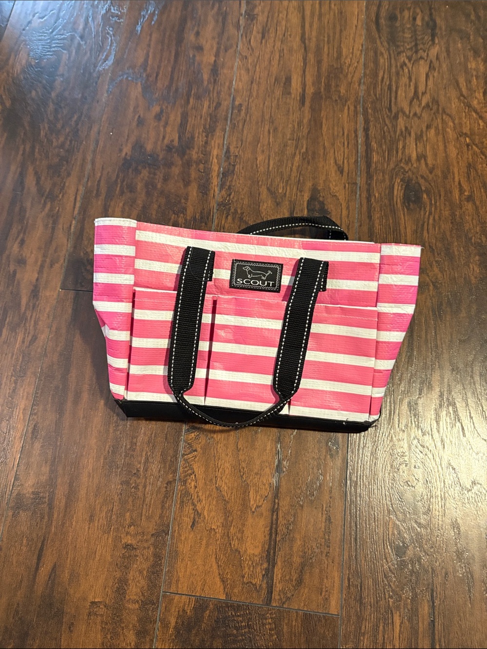 Scout Pink and White Striped Tote with Black Trim